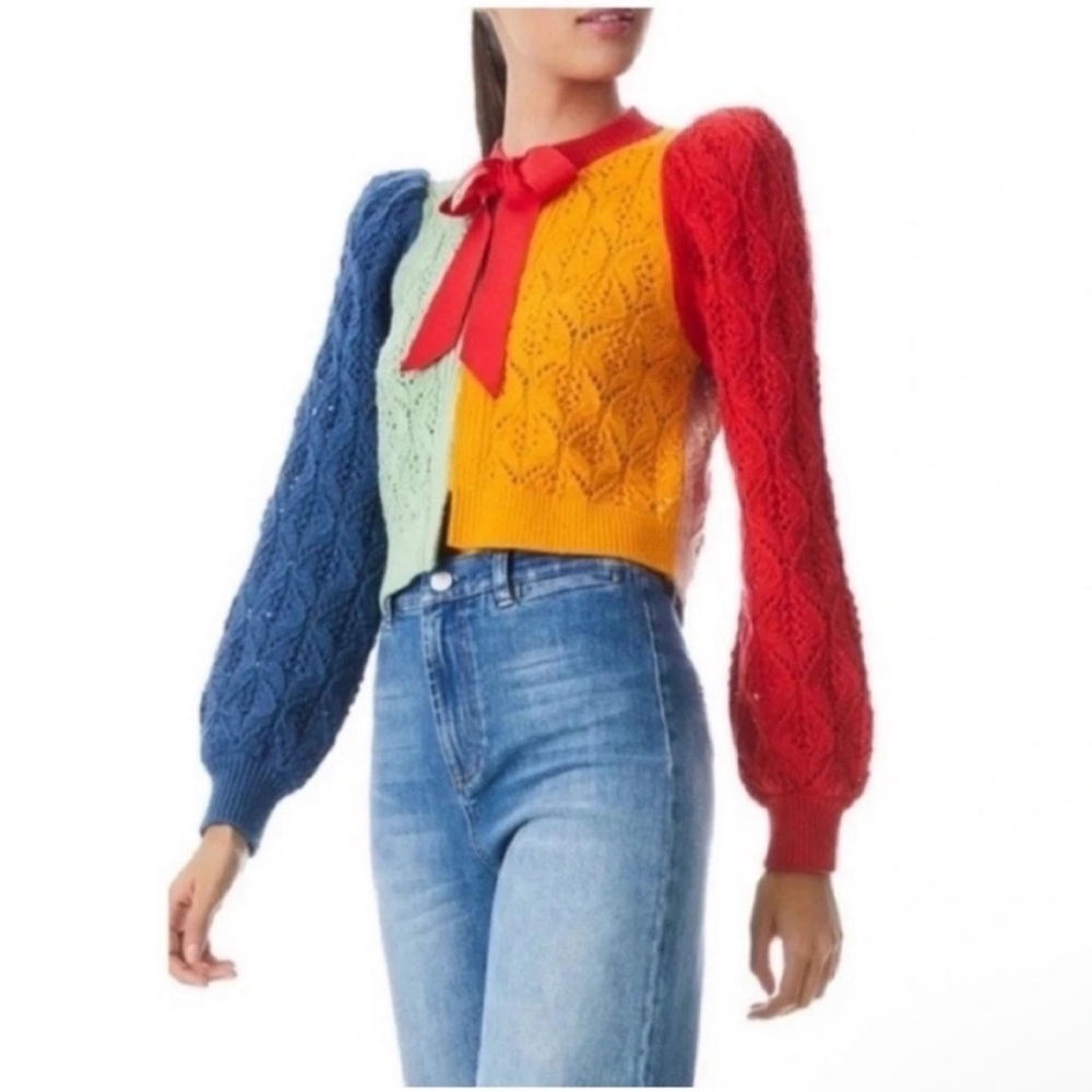 Alice + Olivia Kitty Puff Sleeve Bow Cardigan Sweater Rainbow Color Block